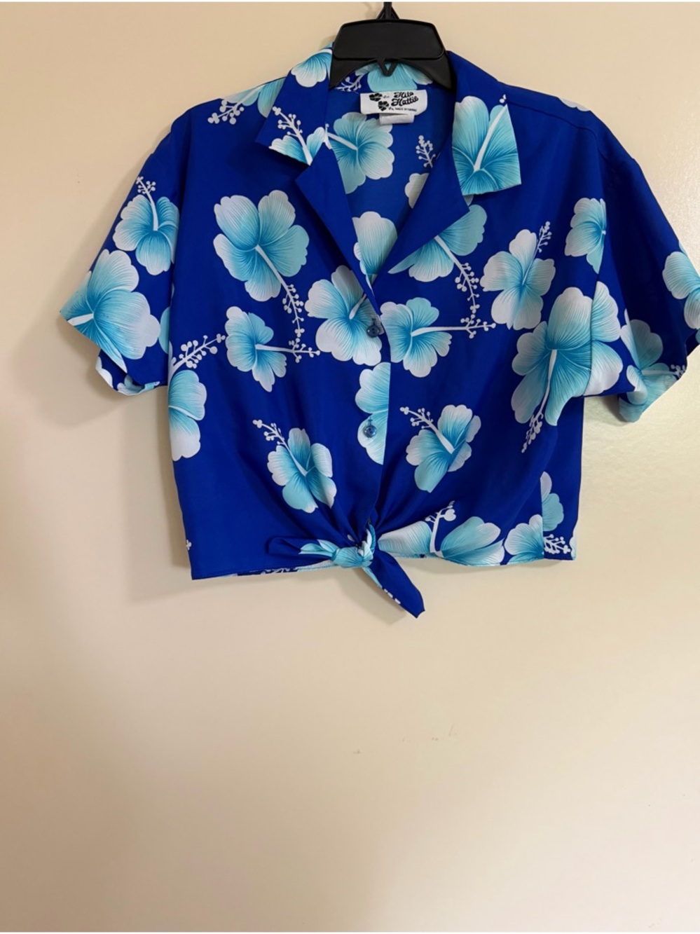Vtg Hilo Hattie Tie Front Top Blue White Floral Tropical Hawaiian Sz L